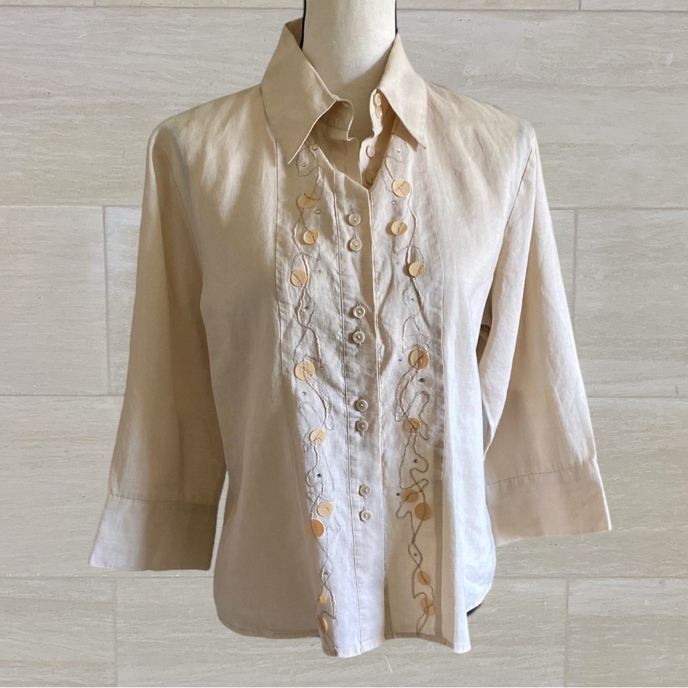 VINTAGE JENNIFER EDEN TAN EMBELLISHED 3/4 SLEEVE BUTTON UP BLOUSE